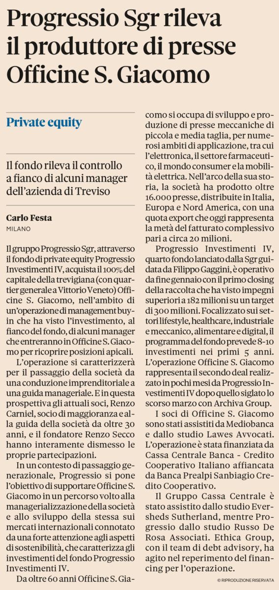 New horizons for Officine S. Giacomo with Progressio Sgr - Sangiacomo Presse